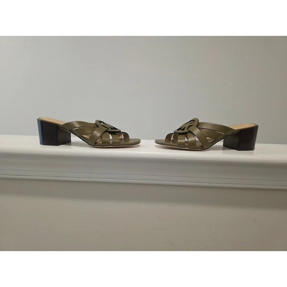 Women's sz 6 B‎ Michael Kors Erika Sandal Loden Green Leather MK Logo Block Heel
